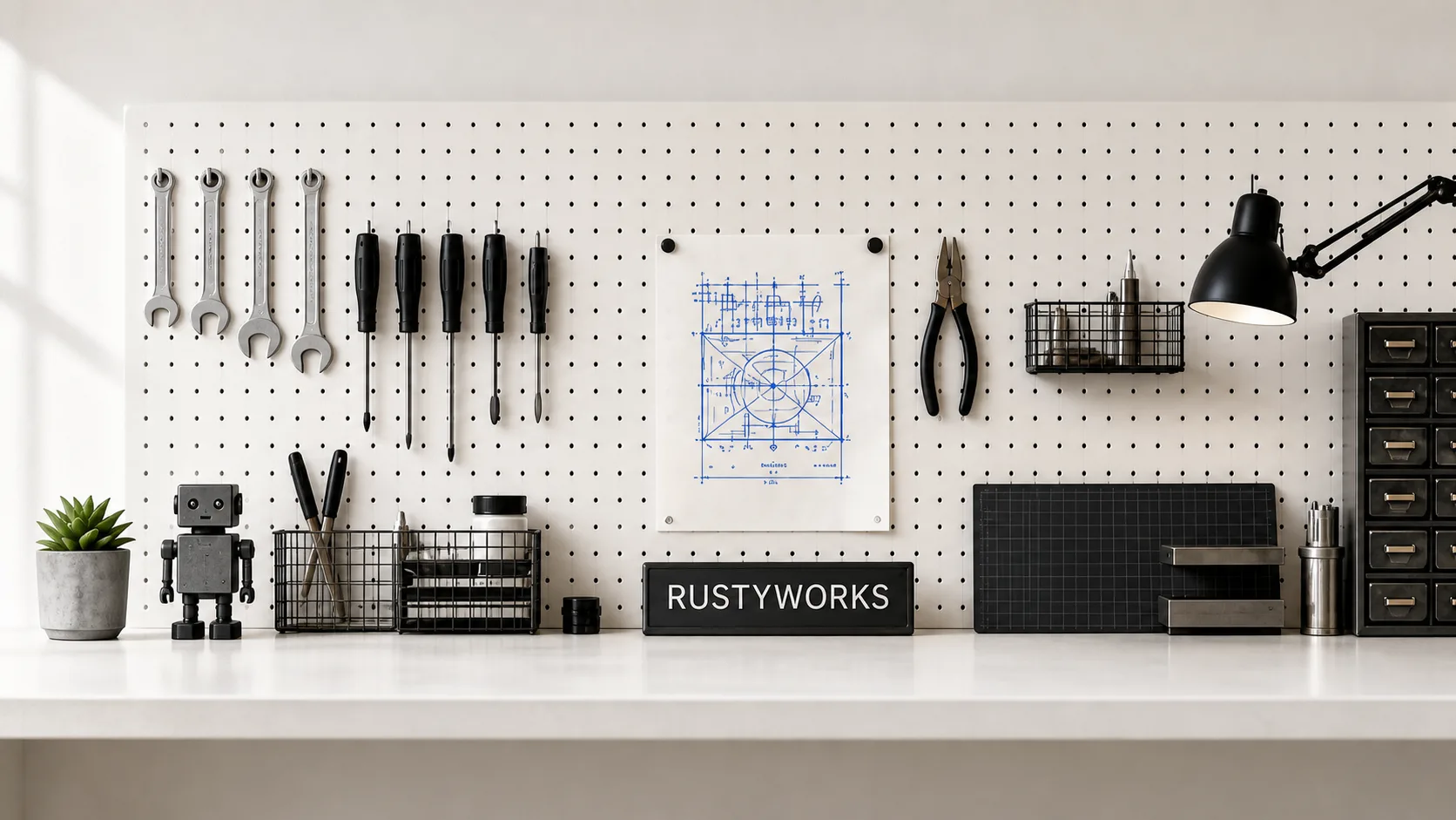 工具とRUSTYWORKSの札が並ぶ作業机