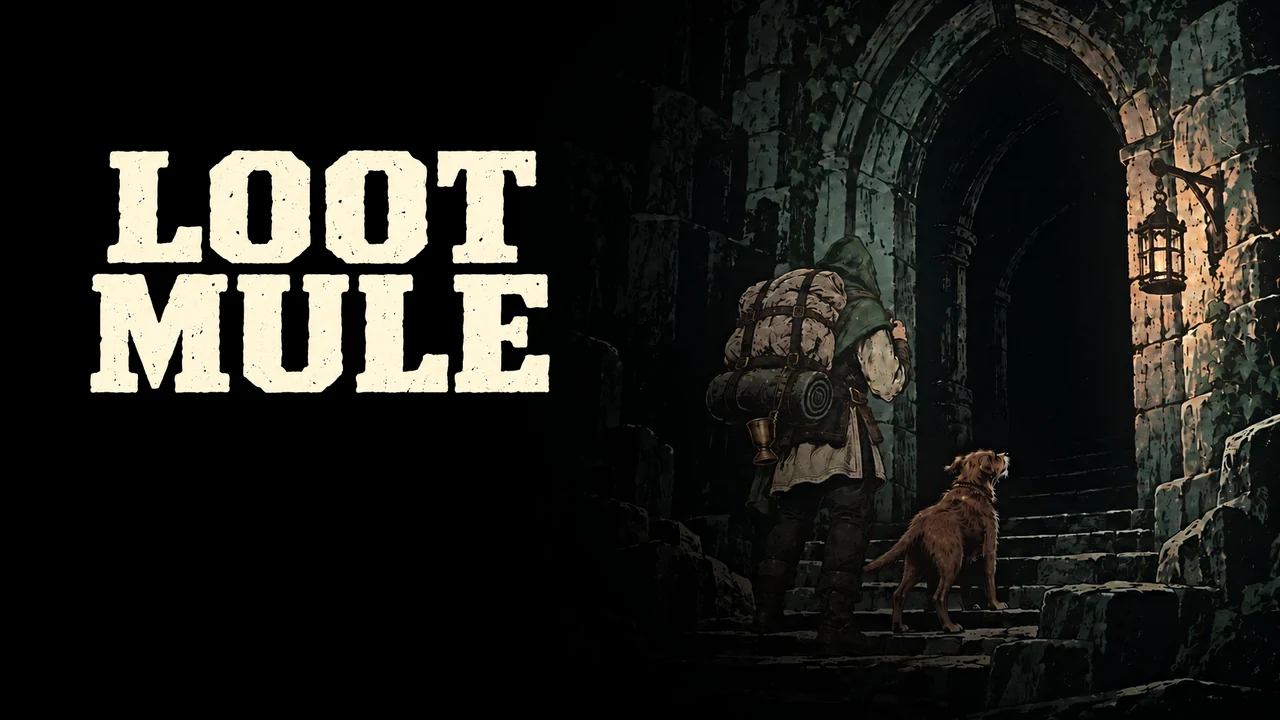 LOOT MULE のタイトル。大きな荷を背負った冒険者と犬が、迷宮の入口の石段を上っていく絵。