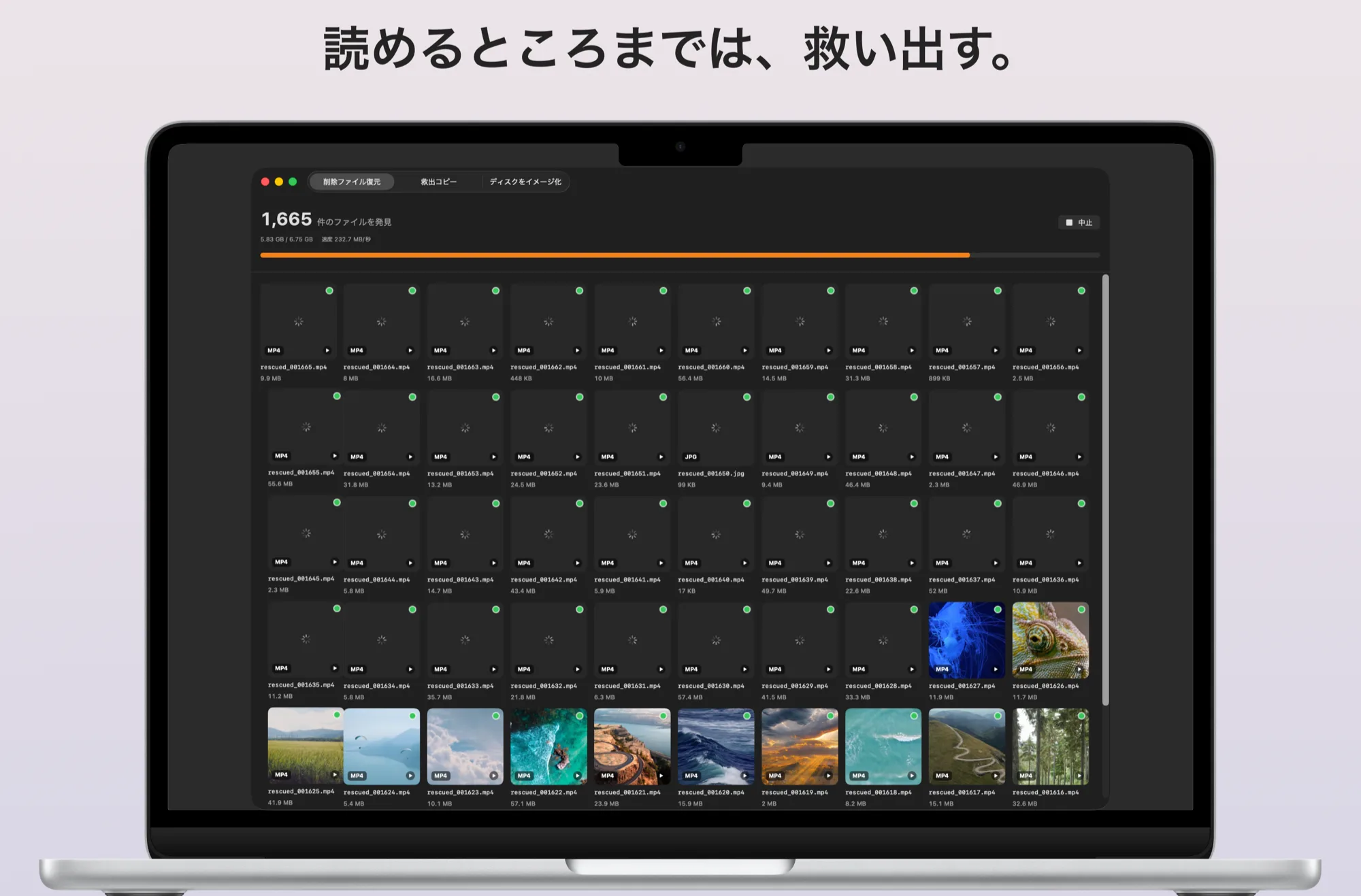スキャン中の画面。見つかったファイルが次々に表示される